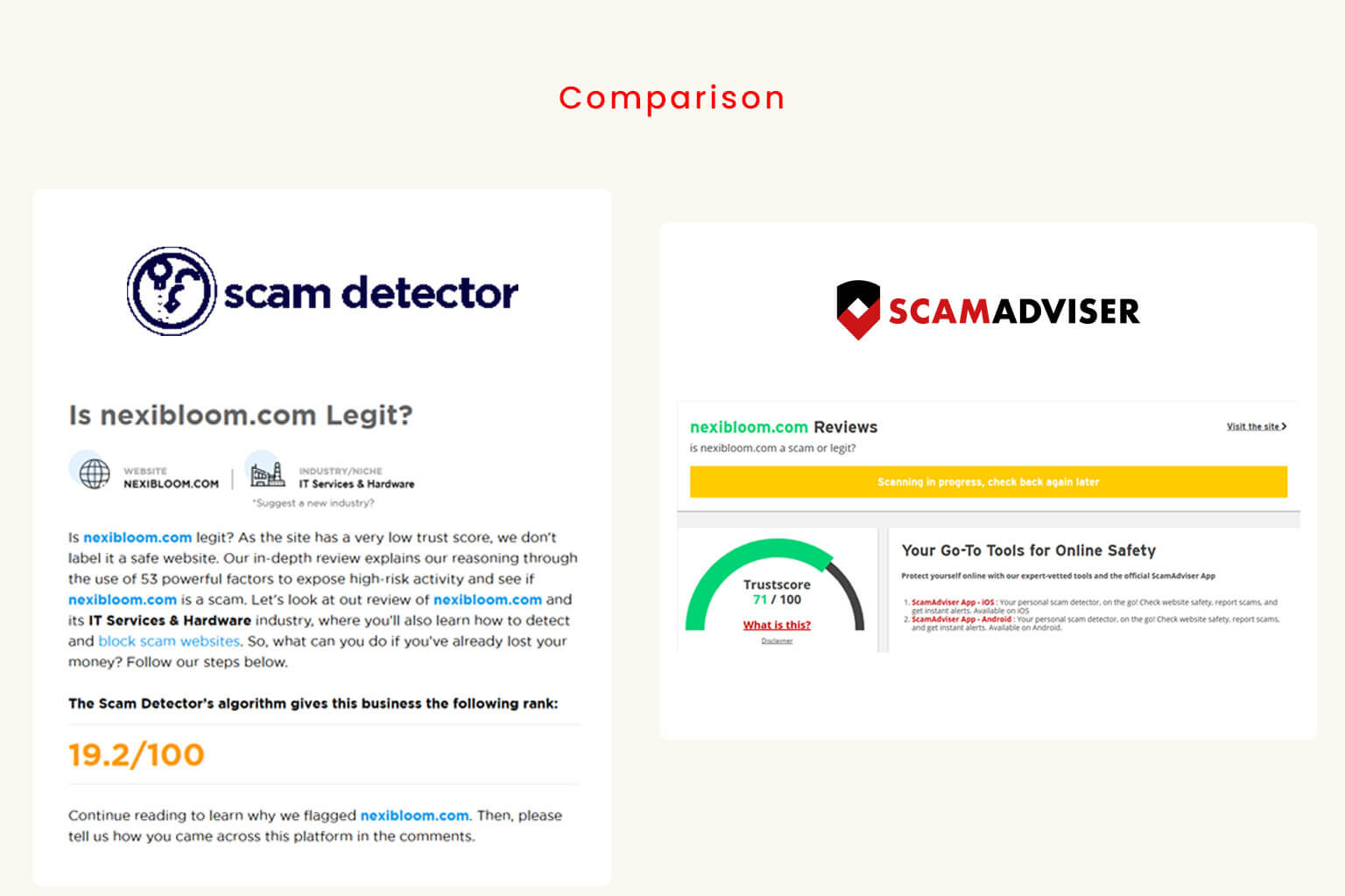 Comparison screenshot showing Scam-Detector.com vs trusted scam detection site
